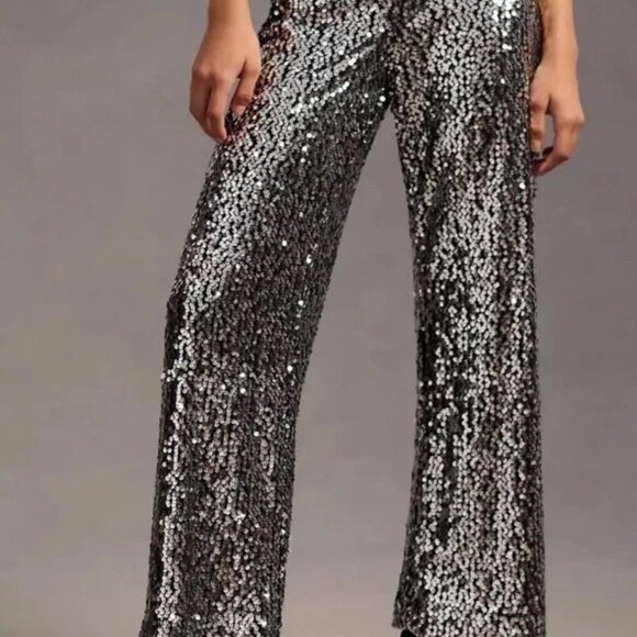 Silver Sequin on Black Anthropologie Maeve Pants - Picture 1 of 1